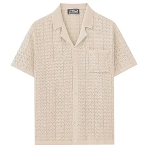 Men's beige short sleeve Cuban collar knit shirt with textured pattern and pocket
