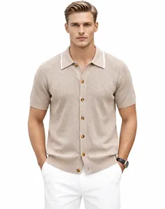 Men's beige short-sleeved knitted polo shirt with contrast collar and button-down front