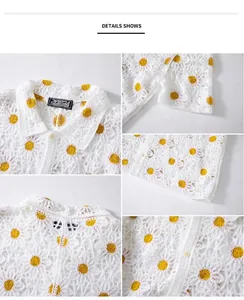 Detaillierte Makroansicht des weißen Häkelstrick-Polo-Shirts mit gelben Gänseblümchen-Mustern