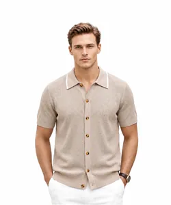 Men's short sleeve knitted polo cardigan in beige with contrast collar