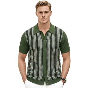 Cárdigan polo de punto a rayas verde vintage para hombre con manga corta.
