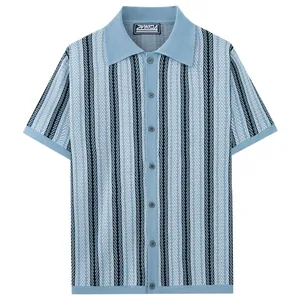 Light blue vertical striped jacquard knit polo shirt cardigan for men, business casual