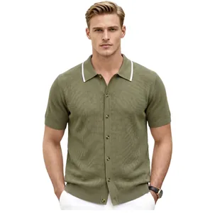 Detailed view of olive green men's knitted polo cardigan with white tipped collar