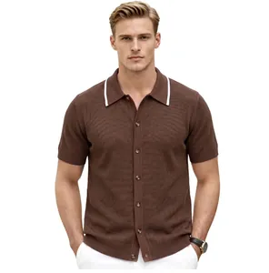 Men's brown short-sleeve knit Polo cardigan with contrast tipped collar detail.
