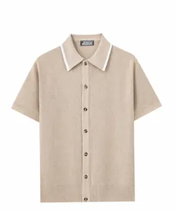 Front view of a men's beige knitted short sleeve polo cardigan with white collar trim.