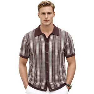 Stylish men's vintage jacquard knit polo cardigan featuring brown and white vertical stripes
