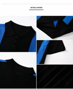 Dettaglio polo in maglia con strisce blu a contrasto e colletto a rever