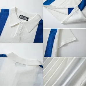 Dettaglio della polo in maglia a righe verticali con focus su colletto e trama del tessuto