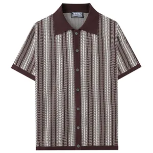 Stylish men's retro chevron jacquard short sleeve knitted polo shirt with button cardigan design