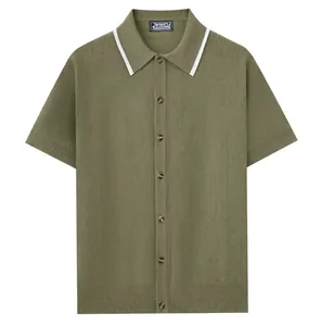 Men's olive green short-sleeve knitted Polo cardigan with contrast collar trim