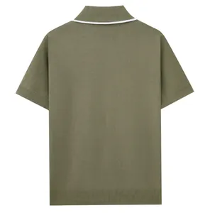 Back view detail of olive green men's knitted polo shirt with white collar stripe