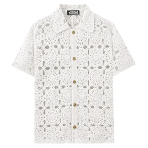 Polo en maille crochetée à fleurs pour hommes, manches courtes, idéal pour les vacances