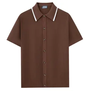 Men's vintage-style brown short-sleeved knitted polo shirt with white collar trim