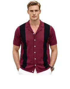 Detailed view of men's burgundy and black striped Cuba collar knit shirt