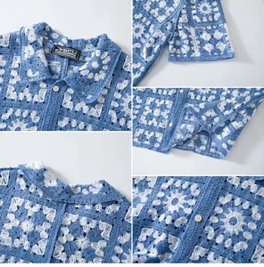 Detailweergaven van een blauw en wit retro etnisch gehaakt gebreid poloshirt voor heren