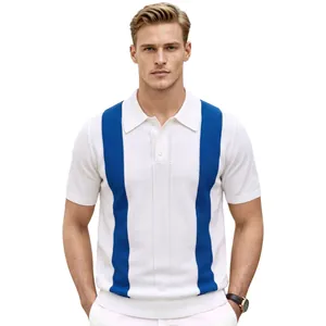 Polo elegante da uomo in maglia bianca casual con strisce verticali blu a contrasto