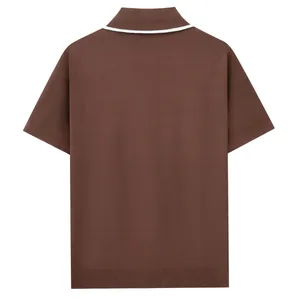 Back view of a men's brown short sleeve knitted polo shirt with white collar trim.