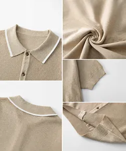 Macro view of the fine texture, contrast collar, and sleeve details of a men's knitted POLO shirt