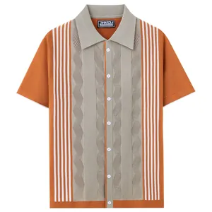 Men's casual knitted Polo shirt featuring vertical stripes and unique textured patterns