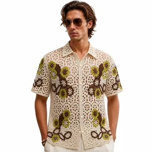 Polo da Uomo in Maglia Traforata all'Uncinetto Retro a Maniche Corte Cardigan Jacquard in Acrilico Top Casual Boho per l'Estate