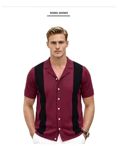 Professional front view of men's Cuban collar knit shirt featuring burgundy and black stripes