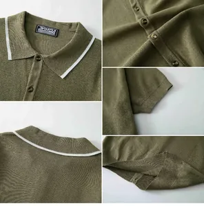 Close-up detail views of a men's olive green knit polo shirt showing fine fabric texture