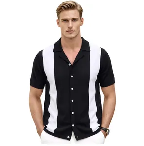 Macro view of black and white vertical striped knit shirt with a classic Cuban collar