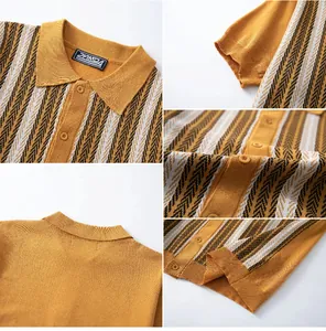 Vistas detalladas del cuello, los botones y la textura de un polo de punto para hombre
