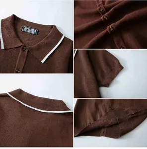 Detailed macro views of a brown short-sleeve knit polo shirt with white tipped collar.