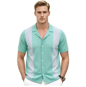 Detailed view of summer Cuban collar color-block knit shirt with contrast stripes