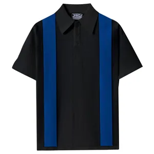 Polo da uomo in maglia nera con design a strisce verticali blu a contrasto e colletto