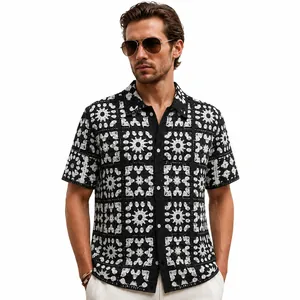 Heren Retro Etnische Stijl Opengewerkt Haken Gebreid Poloshirt Korte Mouw Vintage Patchwork Casual Zomer Breigoed Top SJ0005