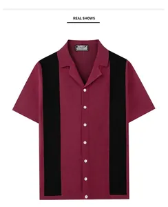 Front view of men's Cuban collar knitted shirt with burgundy and black stripes