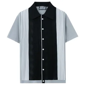 Men's casual knitted short sleeve polo shirt featuring stylish grey and black vertical stripes.
