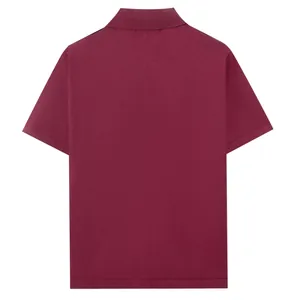 The rear view of a premium burgundy short-sleeved knit polo shirt showing fabric texture