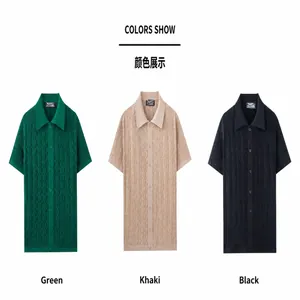 Macro detail view of men's short-sleeve wave textured polo shirts in green, khaki, and black colors