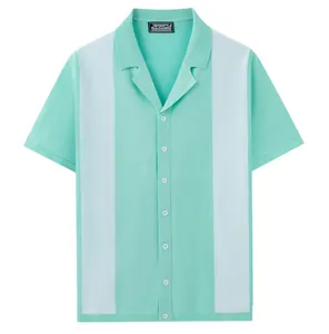 Front view detail of a men's mint green Cuban collar knit shirt with white stripes