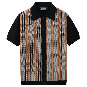 Polo de punto para hombre con rayas verticales retro, manga corta y cierre de botones