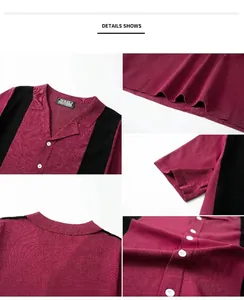 Close-up of burgundy and black knit shirt detail with Cuban collar and buttons