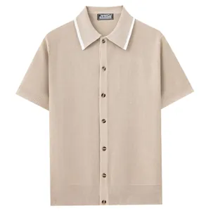 Classic beige men's knit Polo shirt with short sleeves and white contrast collar