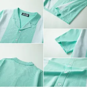Detail shots of mint green color-block Cuban collar knitted short sleeve shirt for men.