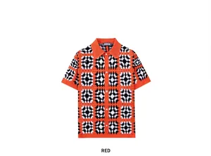 Detailed view of a men's red checkered crochet knit polo shirt with hollow-out design.