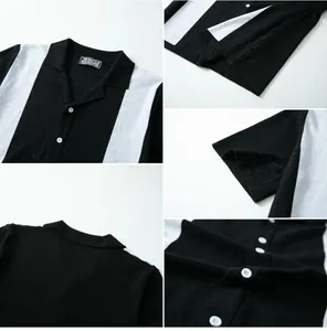Detailed views of men's Cuban collar knit shirt with black and white color block design