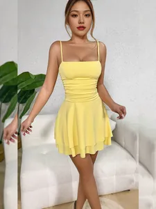 Women Sexy Spaghetti Strap Mini Dress Ruched Bodycon Tiered Ruffle Hem Solid Color Polyester Spandex Club Party Dress