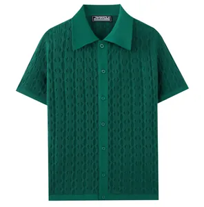 Close-up detail of a dark green wavy jacquard knit short-sleeve button-up Polo shirt
