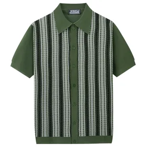 Polo de punto a rayas verdes vintage para hombre con patrones de jacquard verticales