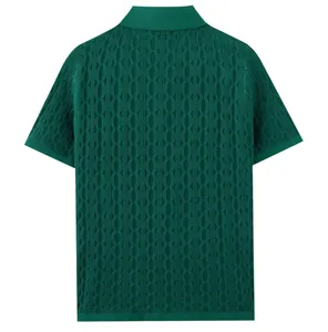 Detailed back view of man's green knit Polo shirt featuring a wave jacquard texture and collar