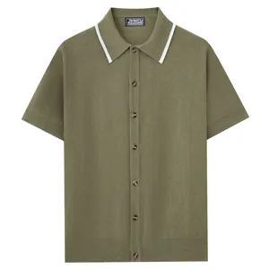 Breathable olive green men's short sleeve knit polo shirt with white contrast collar trim