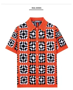 Detailed view of men's hollow crochet knit polo shirt with orange checkered pattern
