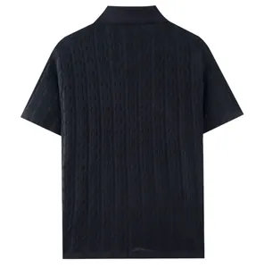 Detailed back view of a navy blue wave textured knit polo shirt with short sleeves